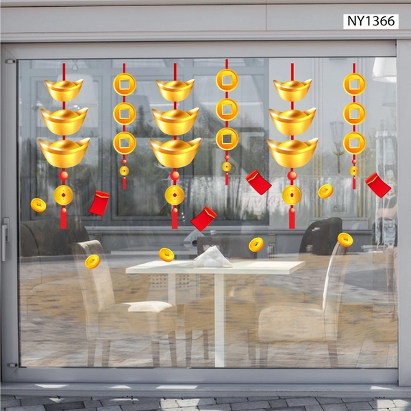 Decal trang trí tết dây treo thỏi vàng và lì xì đỏ tài lộc