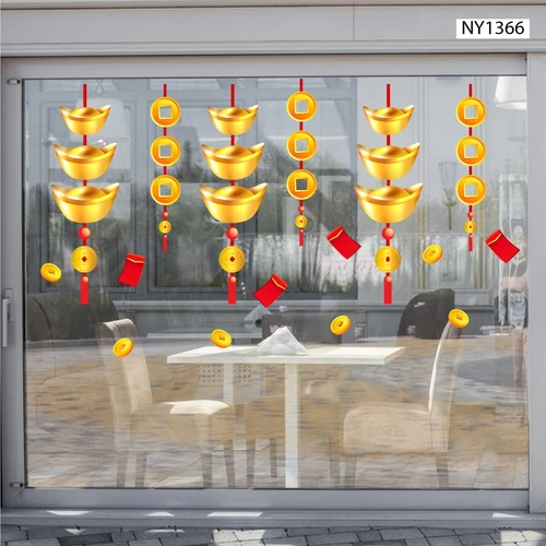 Decal trang trí tết dây treo thỏi vàng và lì xì đỏ tài lộc