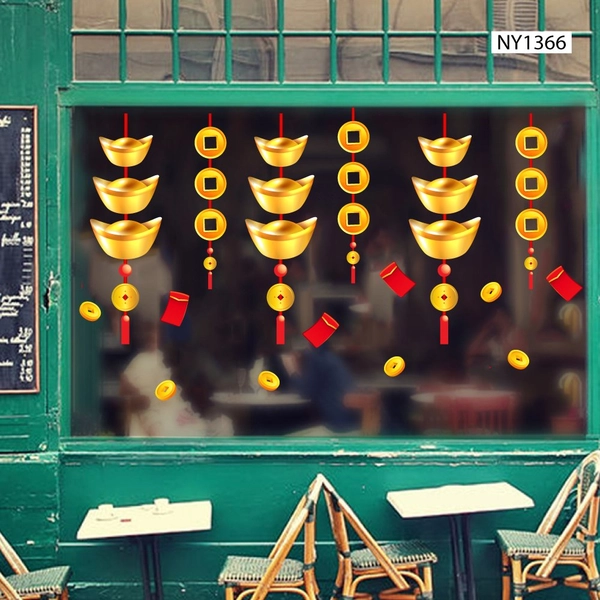 Decal trang trí tết dây treo thỏi vàng và lì xì đỏ tài lộc