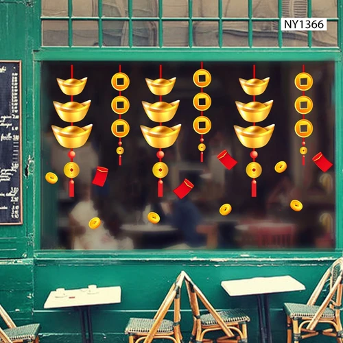 Decal trang trí tết dây treo thỏi vàng và lì xì đỏ tài lộc