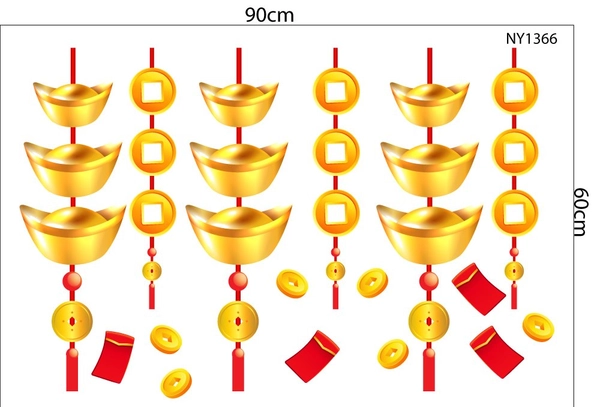 Decal trang trí tết dây treo thỏi vàng và lì xì đỏ tài lộc