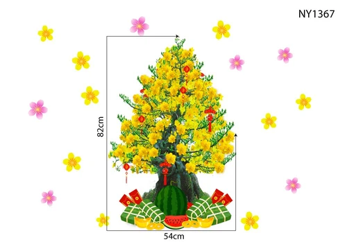 Decal trang trí tết Cây Mai Vàng Nở Rộ Và Dưa Hấu Bánh Chưng Mừng Xuân