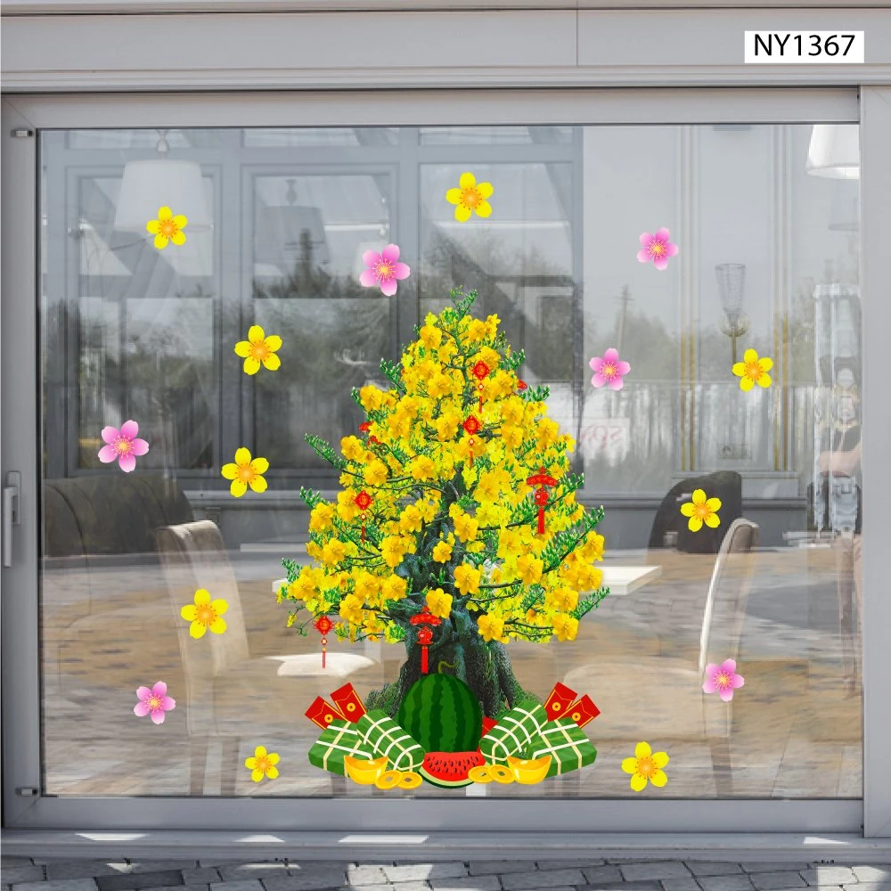 Decal trang trí tết Cây Mai Vàng Nở Rộ Và Dưa Hấu Bánh Chưng Mừng Xuân