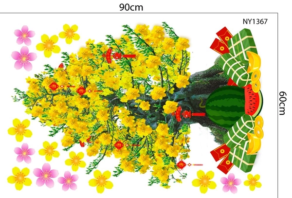 Decal trang trí tết Cây Mai Vàng Nở Rộ Và Dưa Hấu Bánh Chưng Mừng Xuân