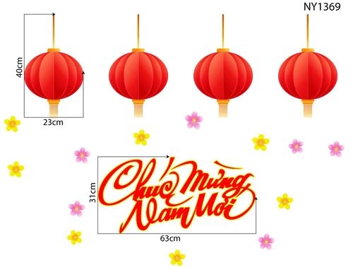 Decal Trang Trí Tết Lồng Đèn Đỏ May Mắn Chúc Mừng Năm Mới