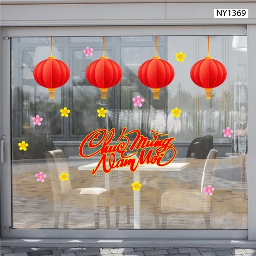 Decal Trang Trí Tết Lồng Đèn Đỏ May Mắn Chúc Mừng Năm Mới