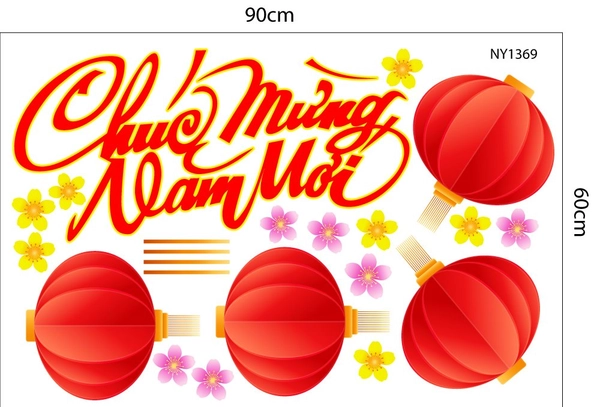 Decal Trang Trí Tết Lồng Đèn Đỏ May Mắn Chúc Mừng Năm Mới