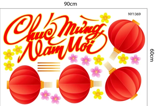 Decal Trang Trí Tết Lồng Đèn Đỏ May Mắn Chúc Mừng Năm Mới