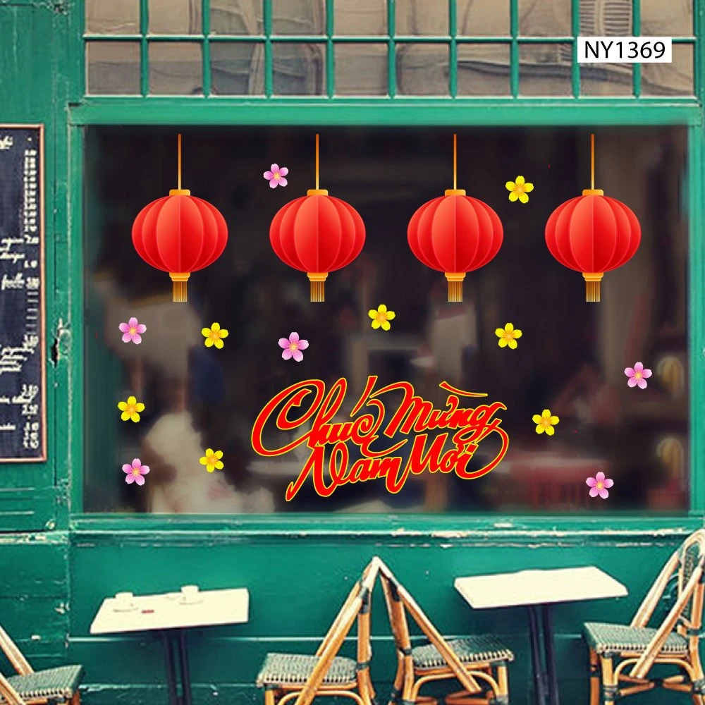 Decal Trang Trí Tết Lồng Đèn Đỏ May Mắn Chúc Mừng Năm Mới