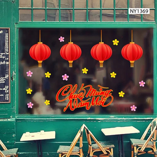 Decal Trang Trí Tết Lồng Đèn Đỏ May Mắn Chúc Mừng Năm Mới