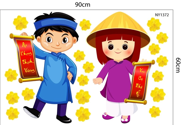 Decal trang trí tết Hai Bé Mặc Áo Dài Rực Rỡ Mừng Xuân