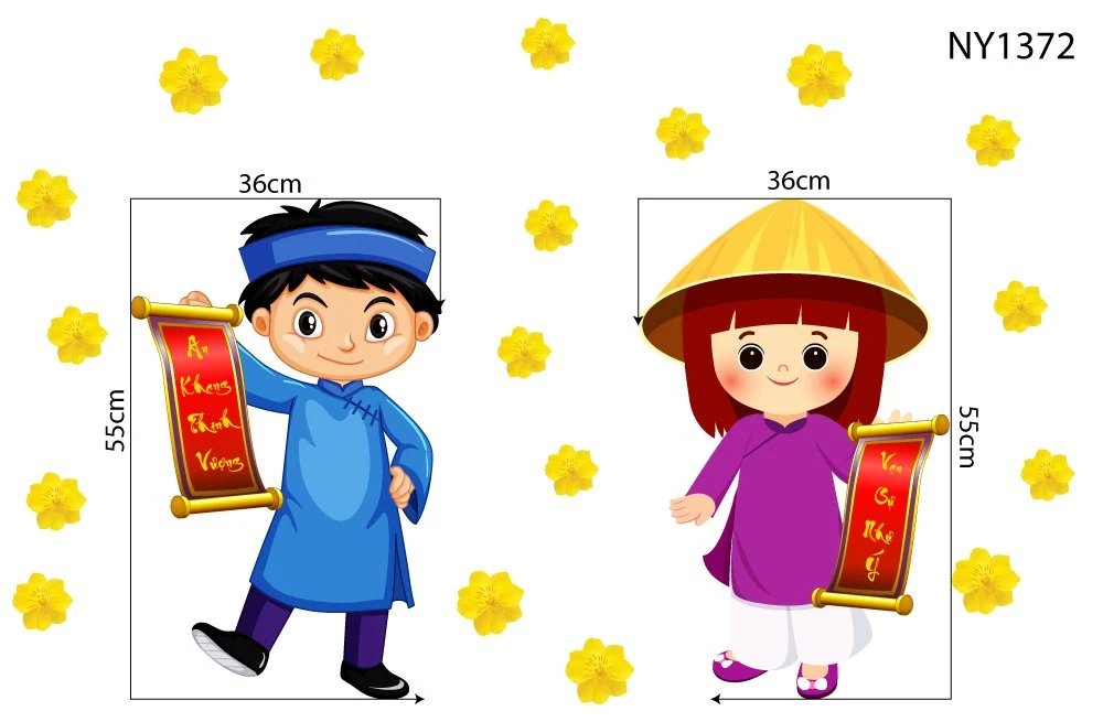 Decal trang trí tết Hai Bé Mặc Áo Dài Rực Rỡ Mừng Xuân 2024