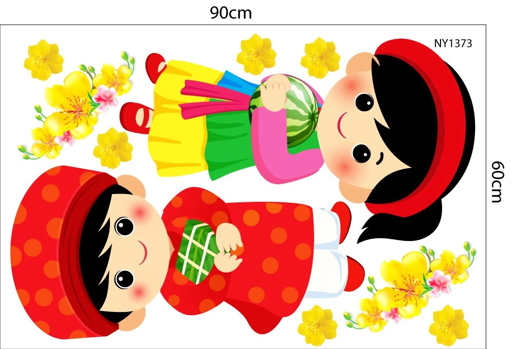 Decal trang trí tết Hai Bé Và Dưa Hấu Đỏ Bánh Chưng Xanh Hoa Mai Vàng Mừng Xuân