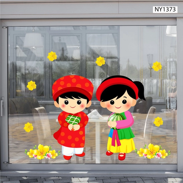 Decal trang trí tết Hai Bé Và Dưa Hấu Đỏ Bánh Chưng Xanh Hoa Mai Vàng Mừng Xuân