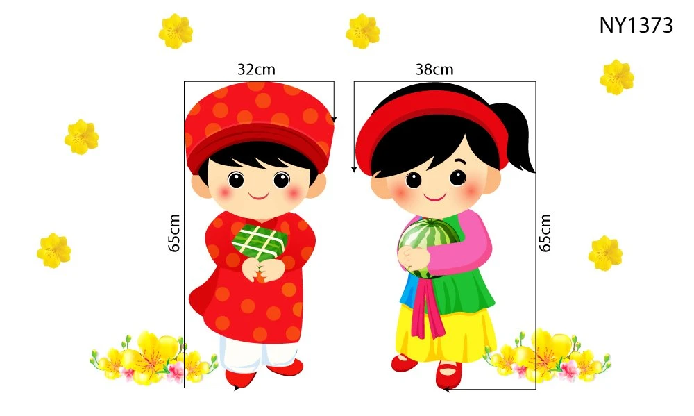 Decal trang trí tết Hai Bé Và Dưa Hấu Đỏ Bánh Chưng Xanh Hoa Mai Vàng Mừng Xuân