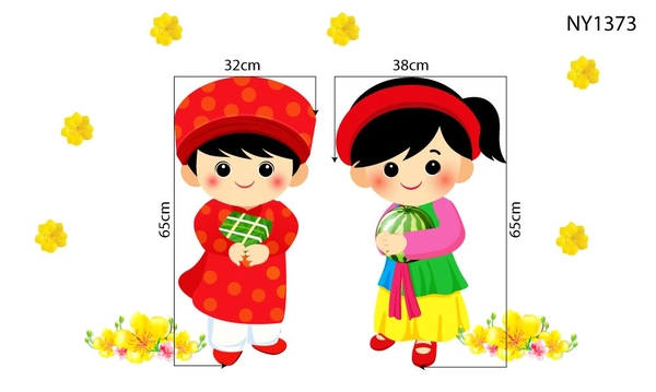 Decal trang trí tết Hai Bé Và Dưa Hấu Đỏ Bánh Chưng Xanh Hoa Mai Vàng Mừng Xuân