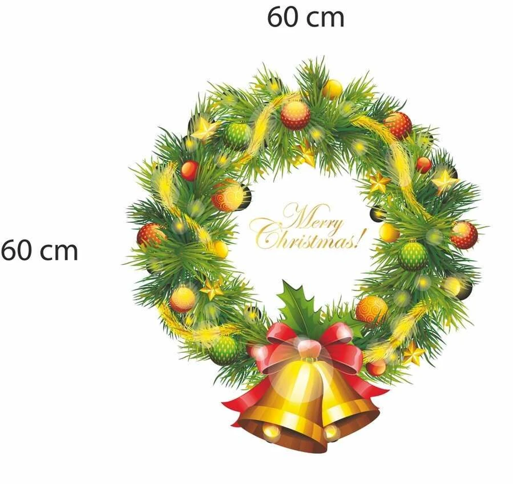 Decal dán tường Vòng nguyệt quế quả chuông Noel size lớn 60x60 (nền trắng đục)