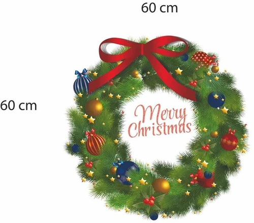 Decal dán tường Vòng nguyệt quế Noel nơ đỏ size lớn 03 60x60 (nền trắng đục)