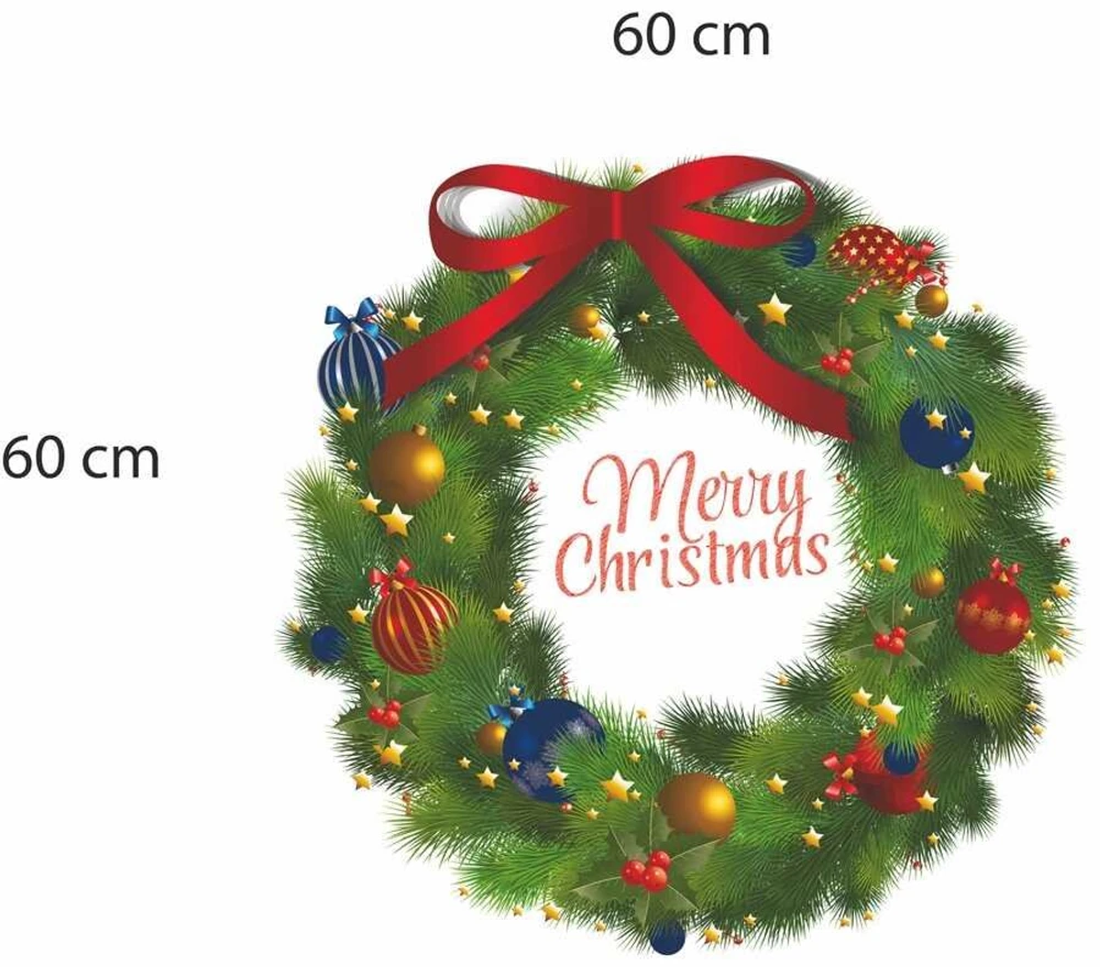 Decal dán tường Vòng nguyệt quế Noel nơ đỏ size lớn 03 60x60 (nền trắng đục)