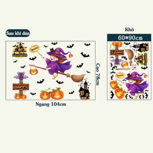 Decal 2 Mặt Trang Trí Halloween Dán Kính Cô Bé Phù Thủy Và Cây Đũa Phép Thuật