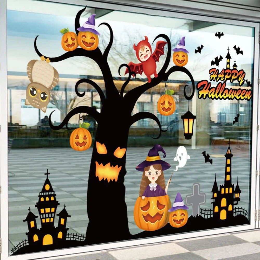 Decal 2 Mặt Trang Trí Halloween Dán Kính Cô Bé Phù Thủy Và Ma Cây Đáng Sợ