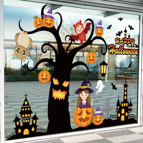 Decal 2 Mặt Trang Trí Halloween Dán Kính Cô Bé Phù Thủy Và Ma Cây Đáng Sợ