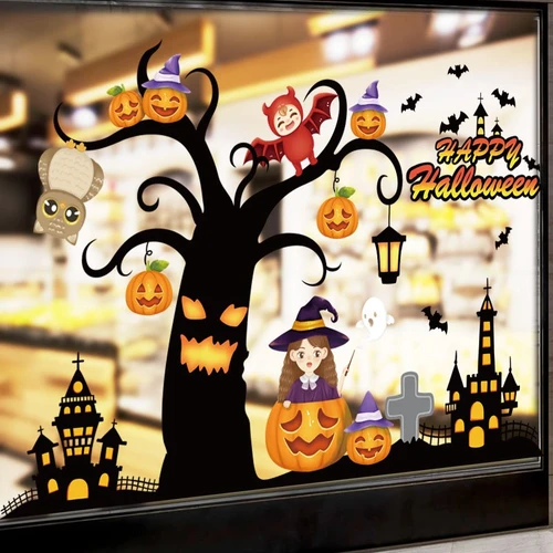 Decal 2 Mặt Trang Trí Halloween Dán Kính Cô Bé Phù Thủy Và Ma Cây Đáng Sợ