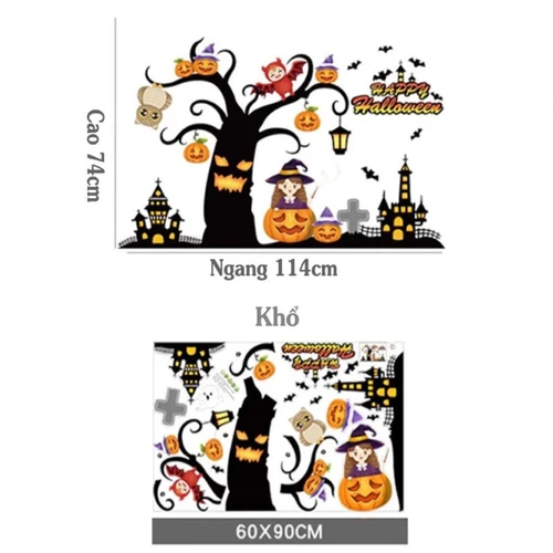 Decal 2 Mặt Trang Trí Halloween Dán Kính Cô Bé Phù Thủy Và Ma Cây Đáng Sợ