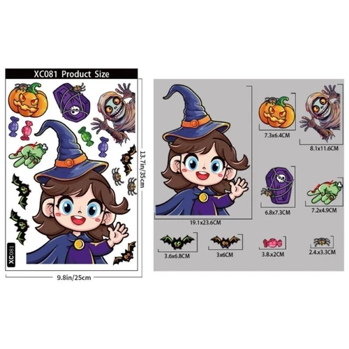 Decal 2 Mặt Trang Trí Halloween Dán Kính Cô Bé Phù Thủy Xinh Xắn