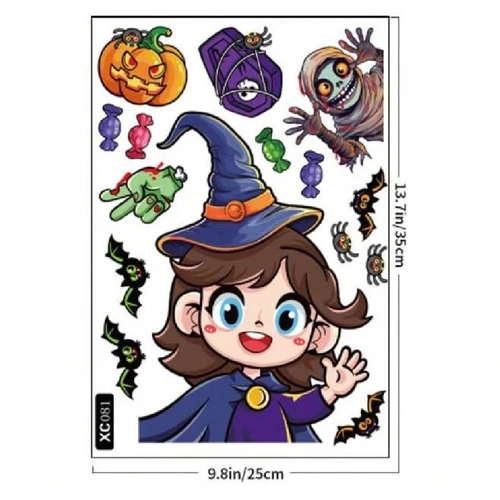 Decal 2 Mặt Trang Trí Halloween Dán Kính Cô Bé Phù Thủy Xinh Xắn