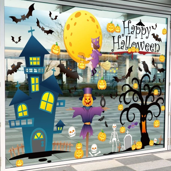 Decal 2 Mặt Trang Trí Halloween Dán Kính Người Rơm Và Ngôi Nhà Ma Quái
