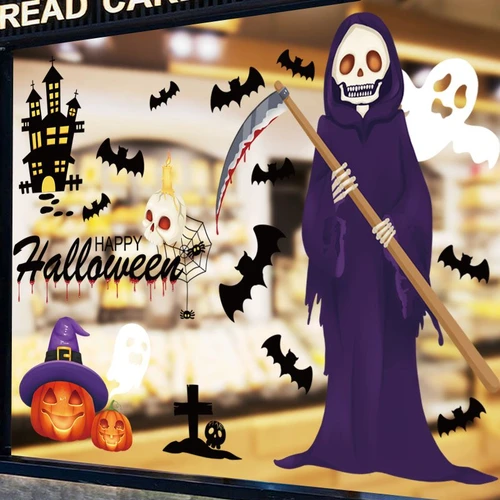 Decal 2 Mặt Trang Trí Halloween Dán Kính Thần Chết Và Bóng Ma Kinh Dị