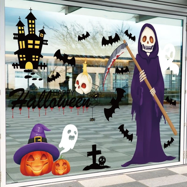 Decal 2 Mặt Trang Trí Halloween Dán Kính Thần Chết Và Bóng Ma Kinh Dị