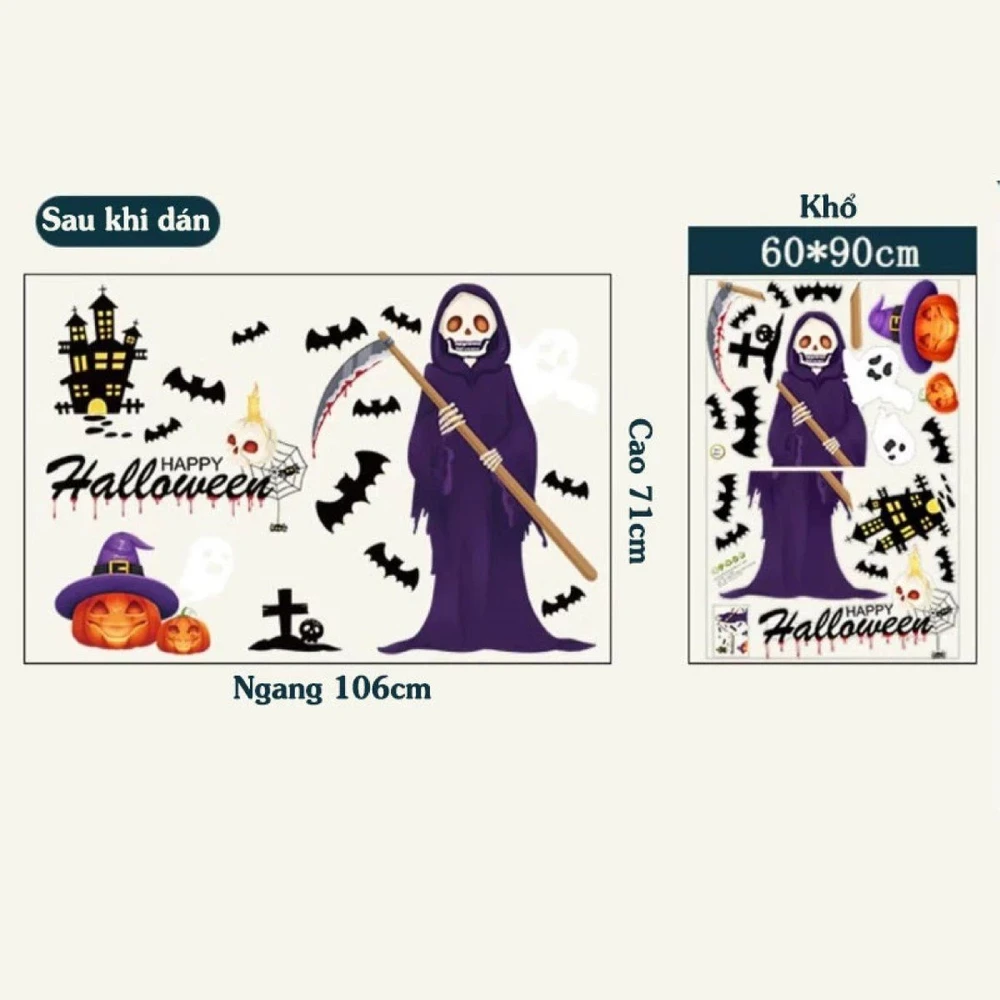Decal 2 Mặt Trang Trí Halloween Dán Kính Thần Chết Và Bóng Ma Kinh Dị