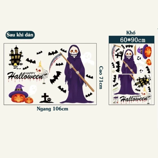 Decal 2 Mặt Trang Trí Halloween Dán Kính Thần Chết Và Bóng Ma Kinh Dị