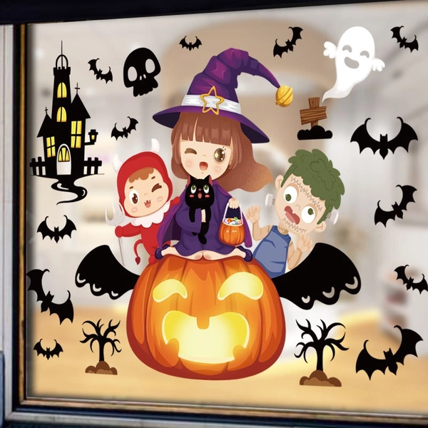 Decal 2 Mặt Trang Trí Halloween Cô Bé Phù Thủy Và Bí Đỏ Vui Nhộn