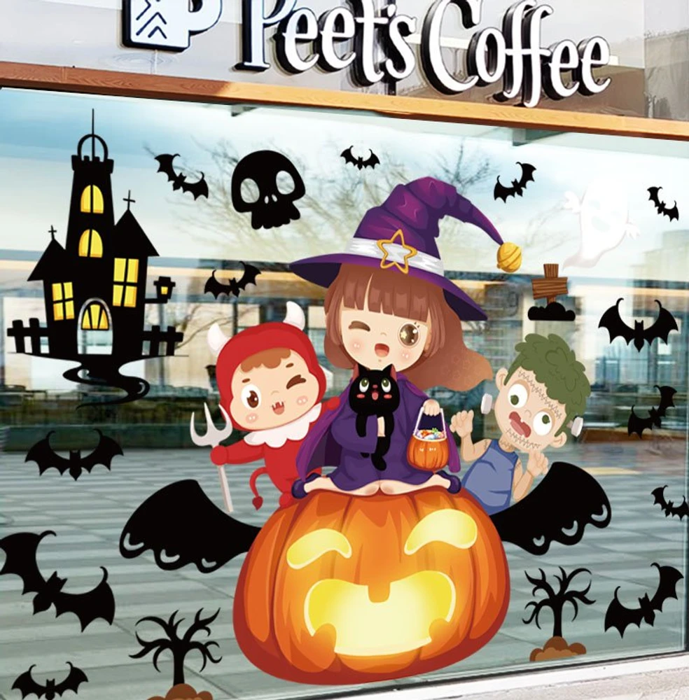 Decal 2 Mặt Trang Trí Halloween Cô Bé Phù Thủy Và Bí Đỏ Vui Nhộn