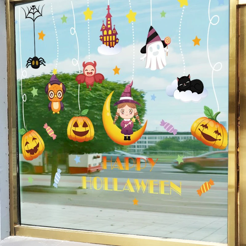 Decal 2 Mặt Trang Trí Halloween Dây Treo Bí Ngô Và Cô Bé Phù Thủy Xinh Xắn