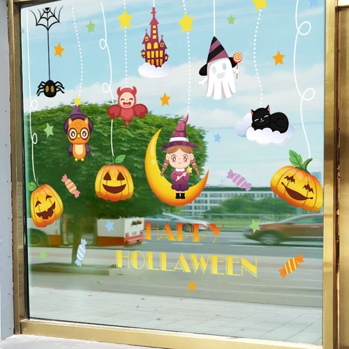 Decal 2 Mặt Trang Trí Halloween Dây Treo Bí Ngô Và Cô Bé Phù Thủy Xinh Xắn
