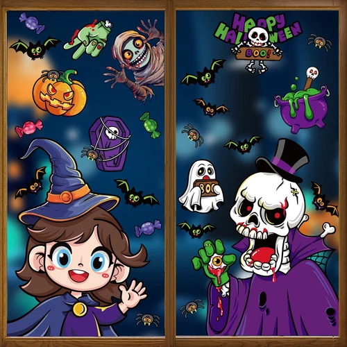 Combo 2 tấm decal 2 mặt trang trí halloween phù thủy và ma ca rồng
