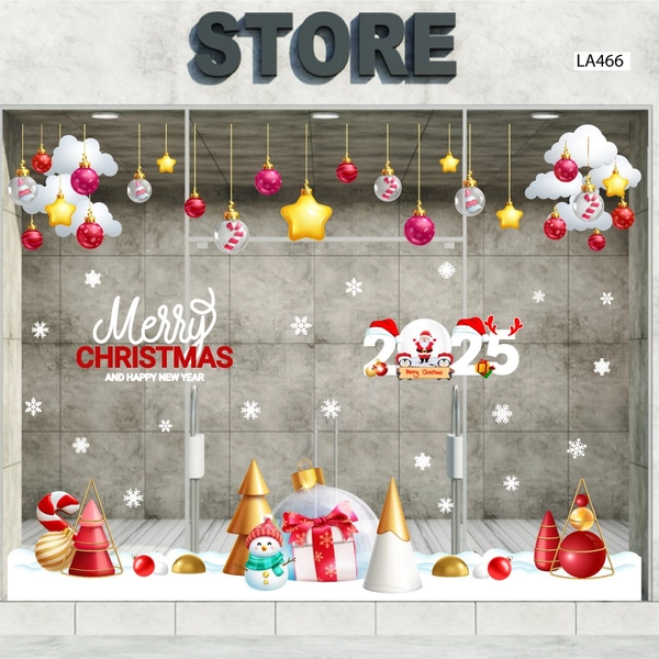 Combo Decal Trang Trí Noel Thành Phố Tuyết Trắng Và Người Tuyết Vui Nhộn