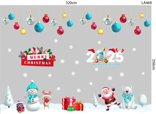 Combo Decal Trang Trí Noel Merry Christmas Gấu Trắng Và Ông Già Noel Vui Nhộn