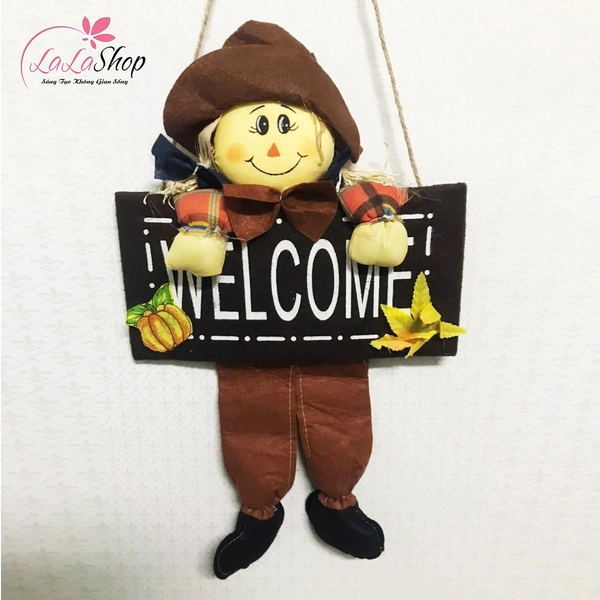 Bảng Treo Welcome Trang Trí Halloween Cô Gái Bù Nhìn