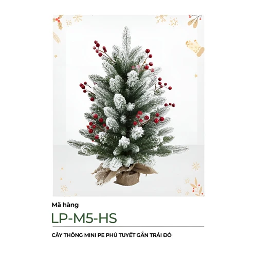 Cây thông noel mini pe phủ tuyết gắn trái đỏ