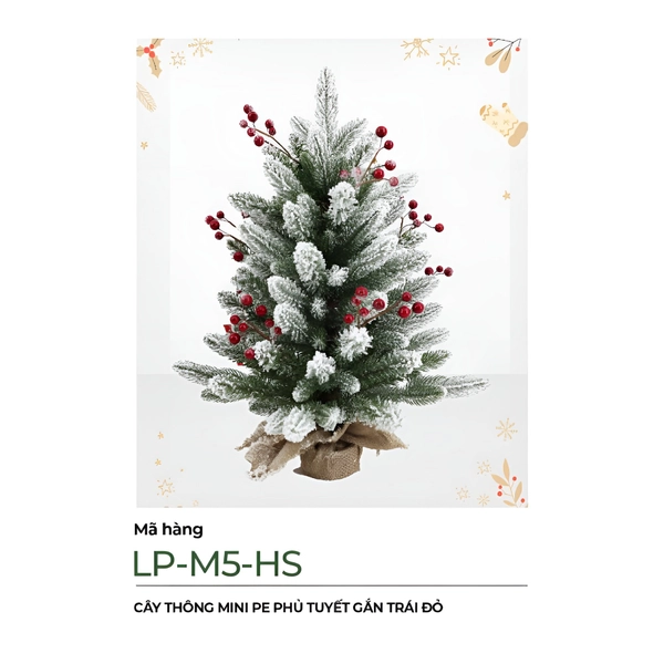 Cây thông noel mini pe phủ tuyết gắn trái đỏ