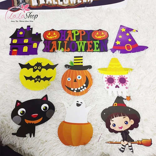 Đồ treo trang trí Halloween Set Dây Treo 9 Hình Bí Ngô Ma Quái Và Cô Bé Phù Thủy