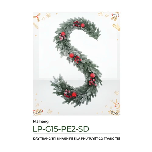 Dây Trang Trí Noel Nhánh PE 5 Lá Phủ Tuyết Có Trang Trí 2m1
