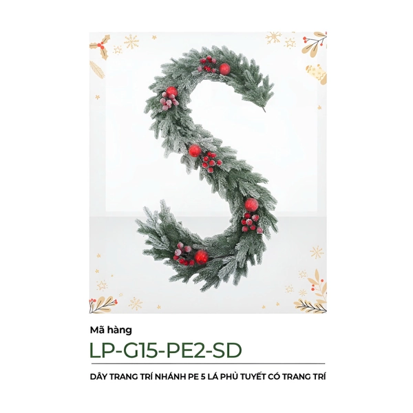 Dây Trang Trí Noel Nhánh PE 5 Lá Phủ Tuyết Có Trang Trí 2m1