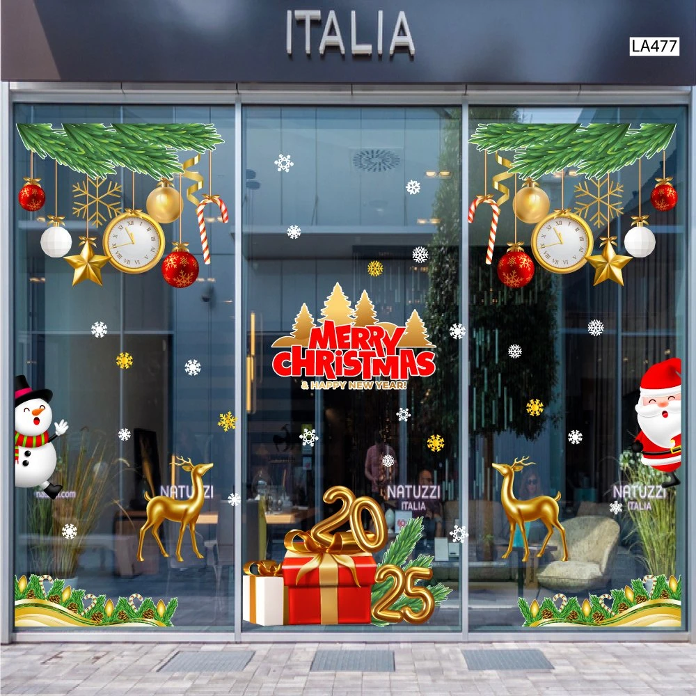 Combo Decal Trang Trí Noel Merry Chistmas Tuần Lộc Vàng Và Hộp Quà Giáng Sinh