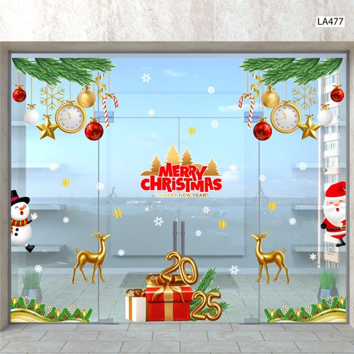Combo Decal Trang Trí Noel Merry Chistmas Tuần Lộc Vàng Và Hộp Quà Giáng Sinh